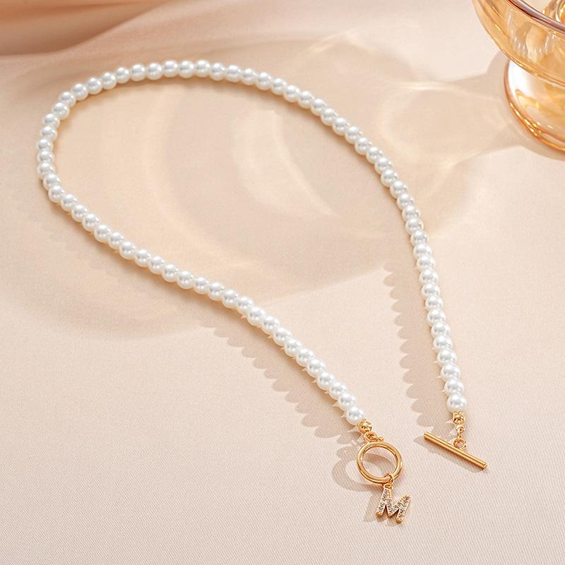 Rhinestone Letter Imitation Pearl Choker Necklace For Women Gold Plated Crystal Initial Pendant Necklace