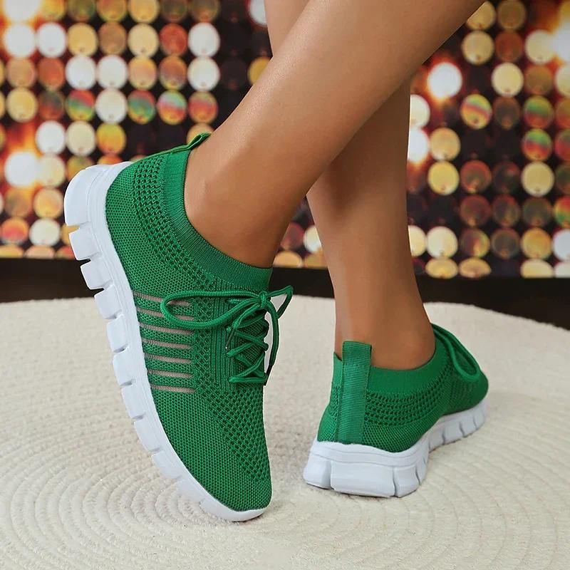 Fashion Spring Summer Breathable Knitted Sneakers Womens Plus Size Soft Sole Flats Shoes Woman Comfort Lace Up Platform Sports Shoes