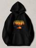 Black Pullover Hoodie with Vintage Sunset Lake and Mountain Forest Graphic Retro Nature Scenery Print Sweatshirt for Outdoor Campi