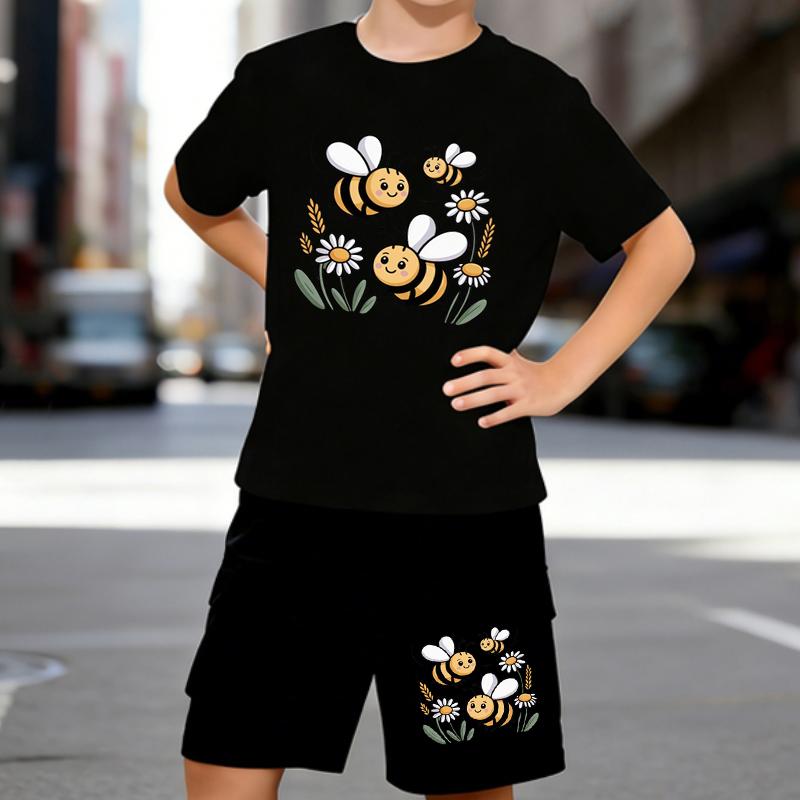

Boys 2 Piece Cartoon Little Bee Print outfit, Short Sleeve T-Shirt and Shorts Set for Kids Age 5-14,Black ,White Sporty Casual Summer Clothes 5-6 Years чёрный