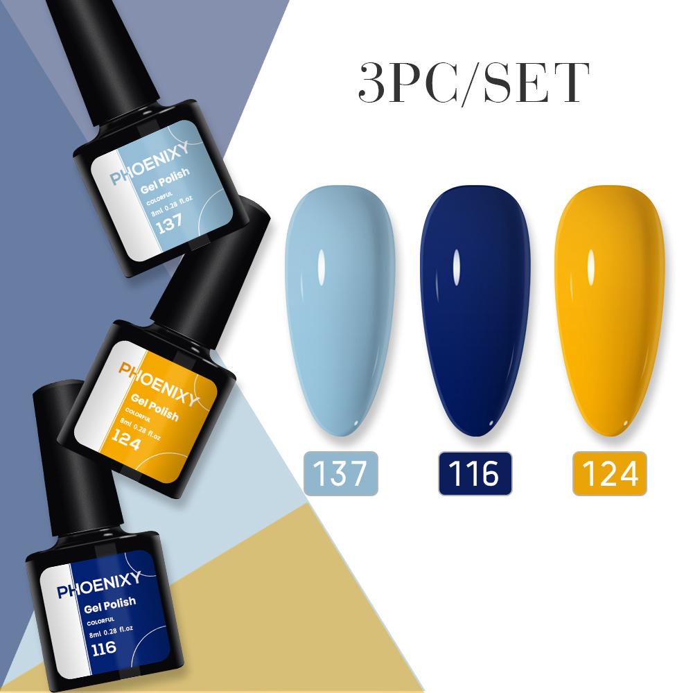 PHOENIXY 3dílná sada gelů na nehty Pure Color Sada gelových laků na nehty pro manikúru Nails Art Soak Off Gel Kit pro nehtový salon DIY doma