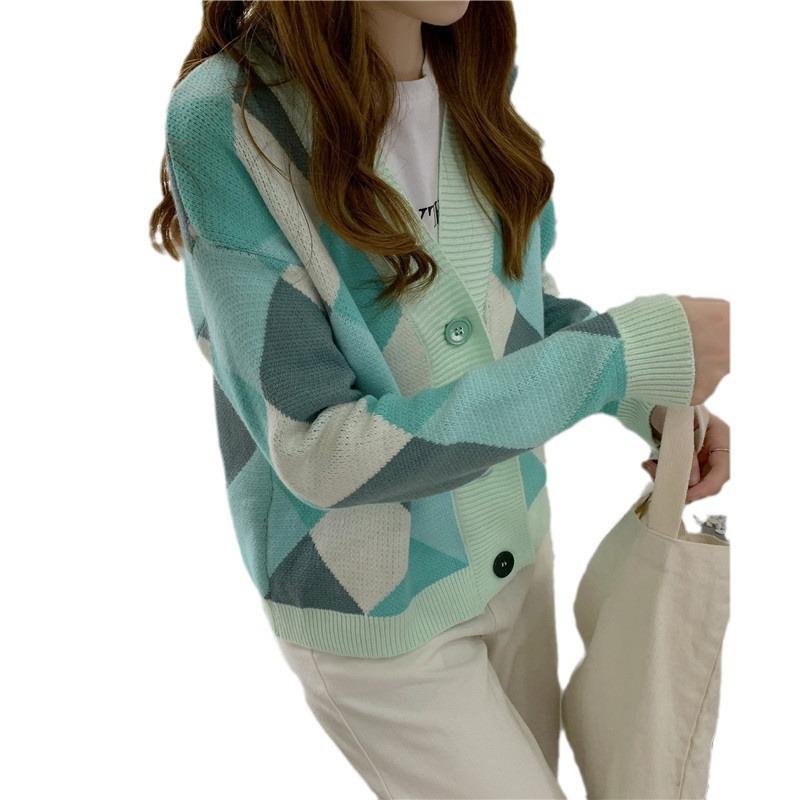 Rhombus sweater women's design sense casual lazy style fashion contrasting color v-neck knitted cardigan women's autumn new