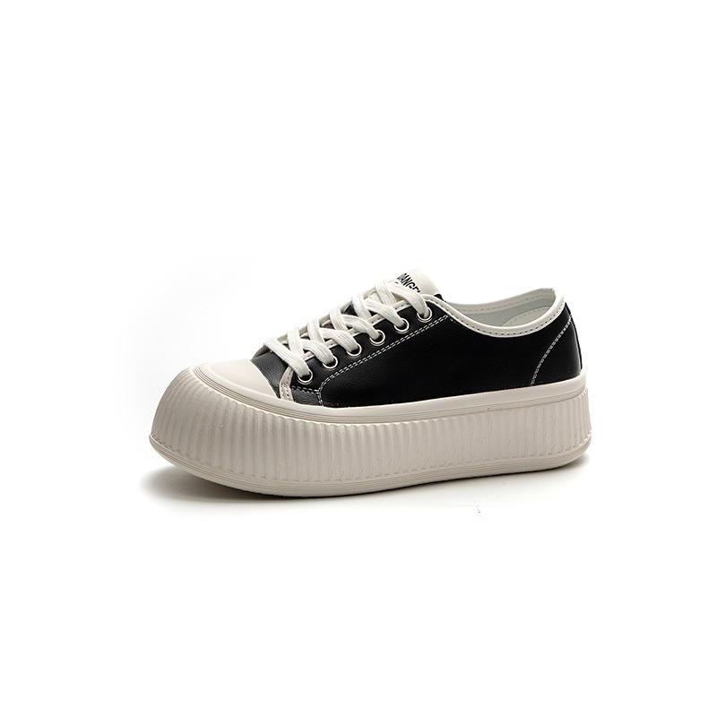Cute big head shoes spring round head lace-up shallow mouth leather thick-soled white shoes student casual board shoes