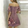 Women Plus Size Off Shoulder Short Sleeve Tie Cuff Printed White Blue Floral A Line Dress