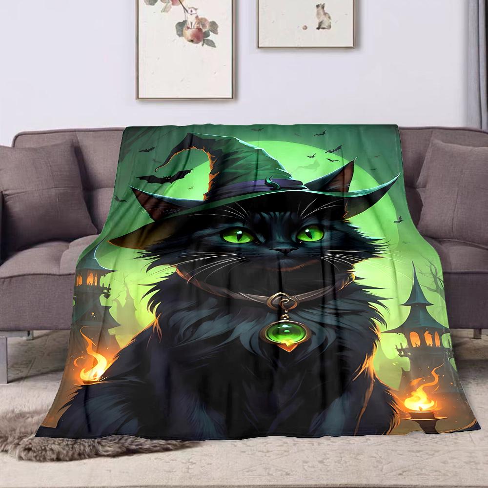 "Black Cat with Witch Hat and Green Eyes" Patterned Flannel Blanket Perfect for the Bedroom Living Room, Sofa, or a Little Nap