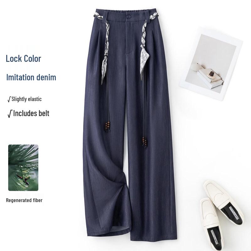 IHIMI Women s High-Waist Straight-Leg Imitation Denim Pants with Belt M