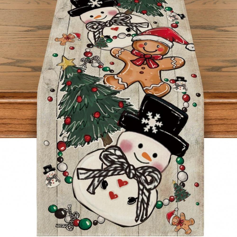Festive Snowman Christmas Tree Table Runner Home Kitchen Dining Tablecloth for Party Decoration