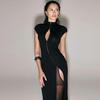 New Autumn/Winter Women's Fashion High Slit Stand Collar Hollow Out Slim Fit Dress