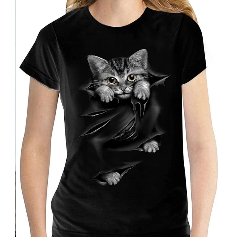 

Женская летняя футболка тренд принт котенка ретро мода футболки с коротким рукавом повседневные с принтом топы M