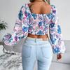 GMXIA Blusas ajustadas de manga larga con cuello en V y estampado floral de verano informal a la moda para mujer y camisetas cortas de gasa con mangas abullonadas para vacaciones