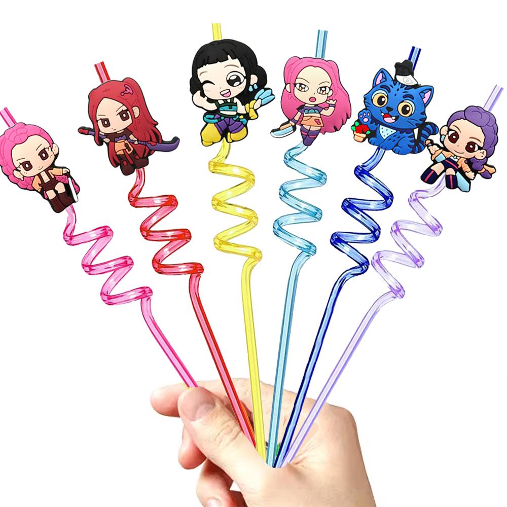 8 wiederverwendbare Spiral-Trinkhalme mit K-Pop-Dämonenjäger-Motiv, ideal als Partydekoration oder Geschenk für Kinder.