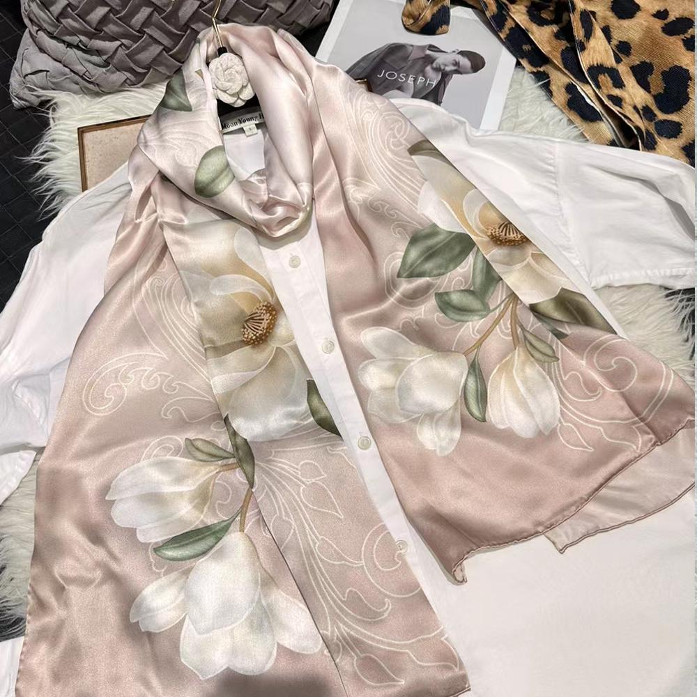 New Blue Women'S 100% Mulberry Silk Scarf Shawl 175*52Cm Fashion Floral Design Long Scarves Wraps Fall Winter Headscarves