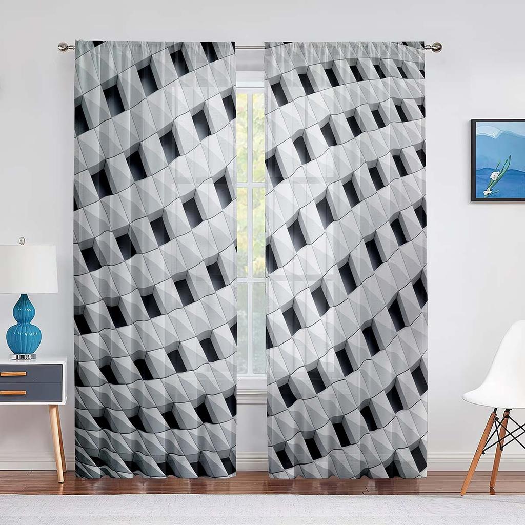 Niebieska Geometryczna Kwadratowa Przezroczysta Woalowa Zasłona do Kuchni Salonu Sypialni Dekor Nowoczesne Abstrakcyjne Tiulowe Zasłony Obróbka Okna