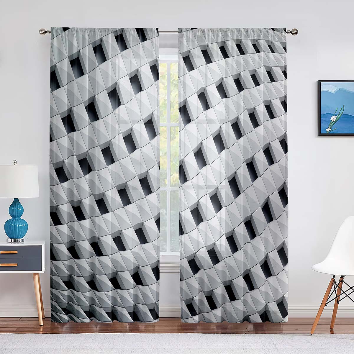 Синяя квадратная прозрачная вуаль с геометрическим рисунком для кухни — фото 14