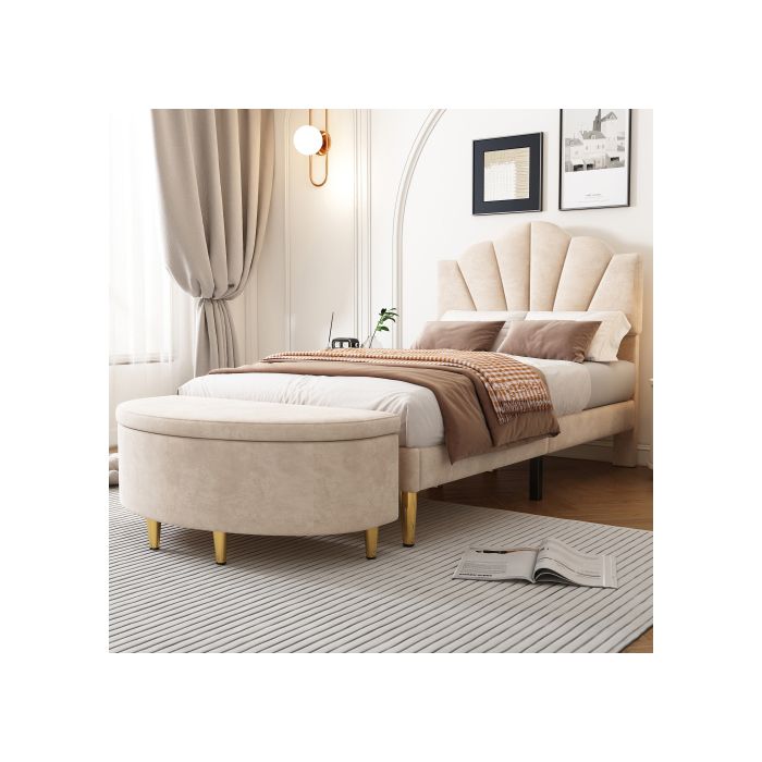 Upholstered Bench - MUVOE - 90 X 40 X 42 Cm - Beige Velvet - Integrated Storage - Elegant Design