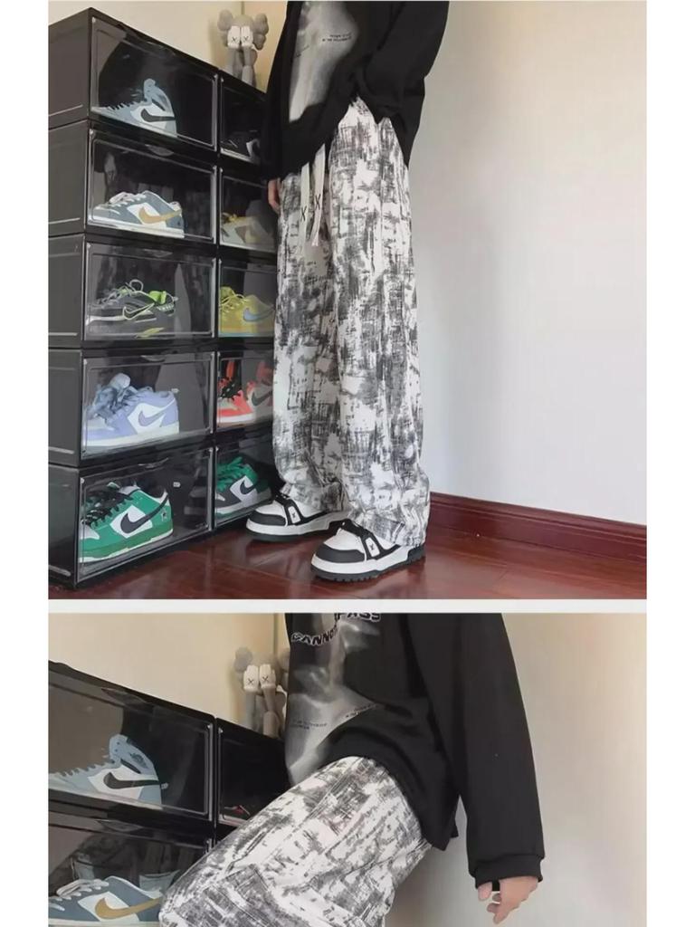 Men's Autumn Tie-Dye Loose-Fit Retro Straight Pants with Velvet