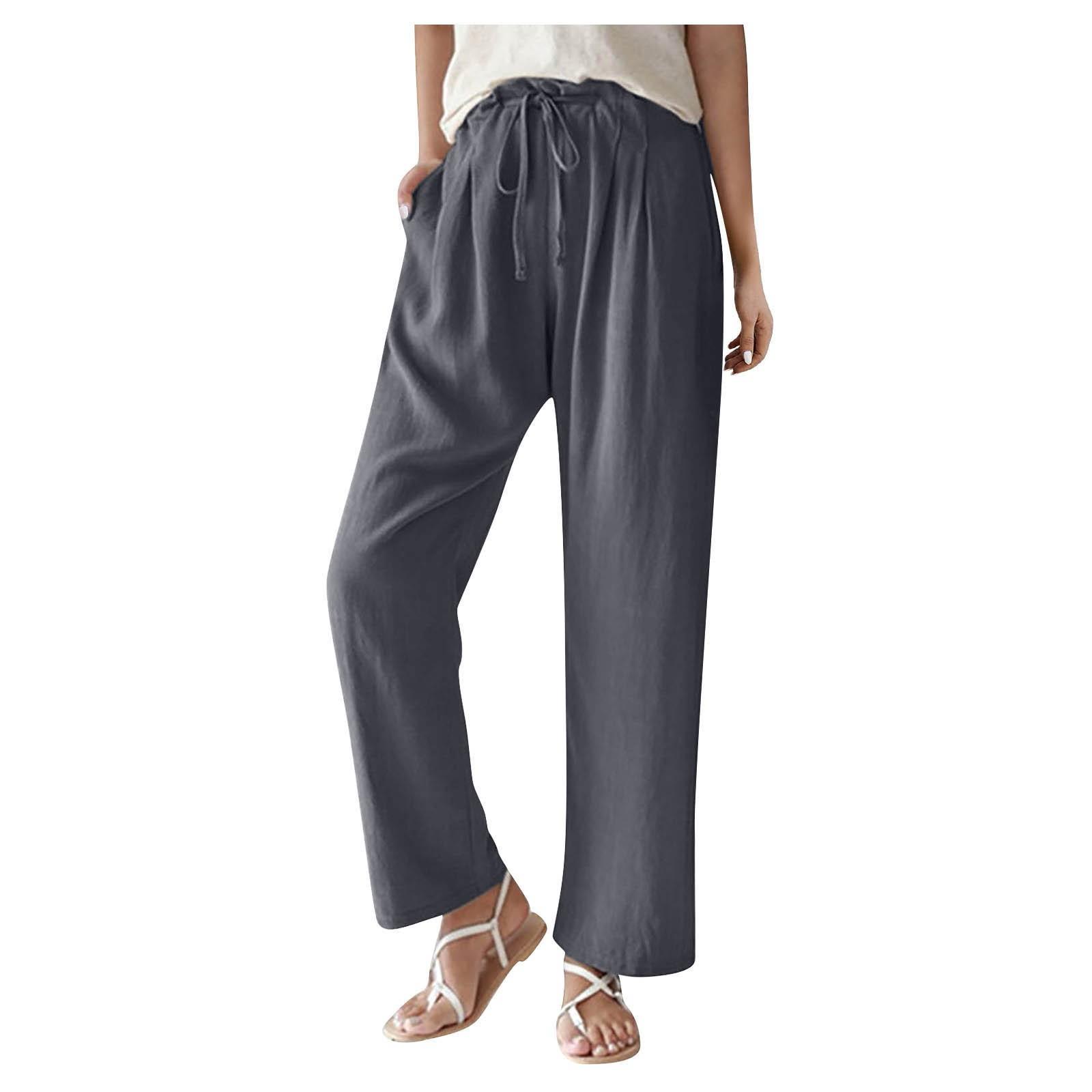 Women s Summer Casual Wide Leg Tie Elastic Waist Pleated Front Pocket Color Wide Leg Dress Pants M