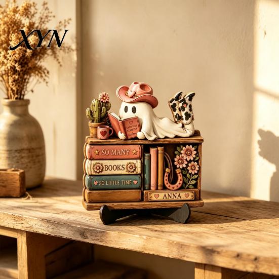 Creative Desktop Ornament Halloween Reading Ghost Figurine, Retro Wooden Statue, Vintage Magic Theme Tabletop with Stacked Book for Home Office Shelf