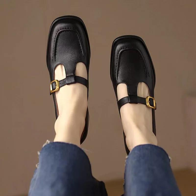 Women's T Strap Leather Shoes Square Toe Oxford Brown Mid Heels Designer Black Pumps Chunky Sewing Dress Shoes