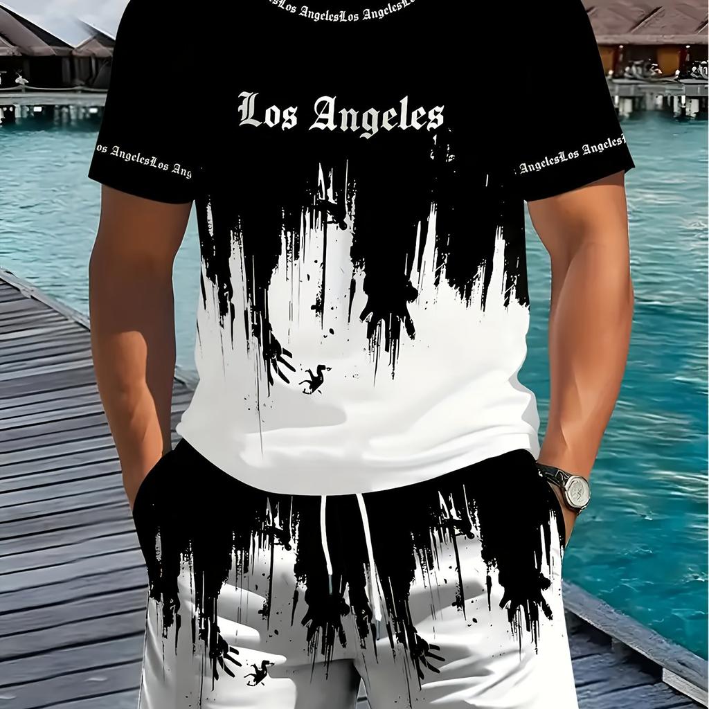 Men 2Pcs Los Angeles Letter Print T-shirt Shorts Set Summer Casual Outfit