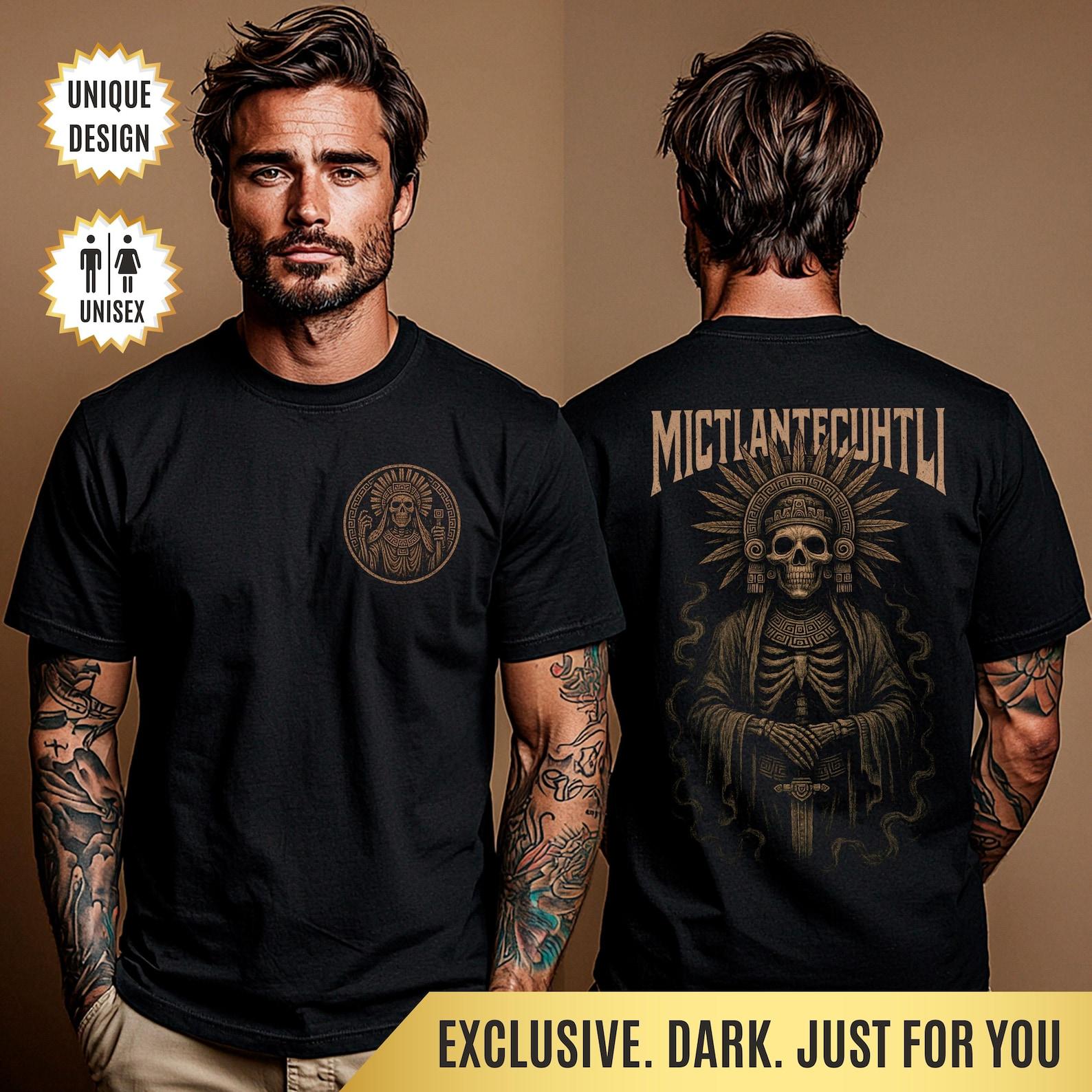 Mictlantecuhtli T-Shirt Aztec Death God Back Print Tee | Gothic Mesoamerican Skull Design | Mexican Mythology Gift for Fans of Aztec History 4XL