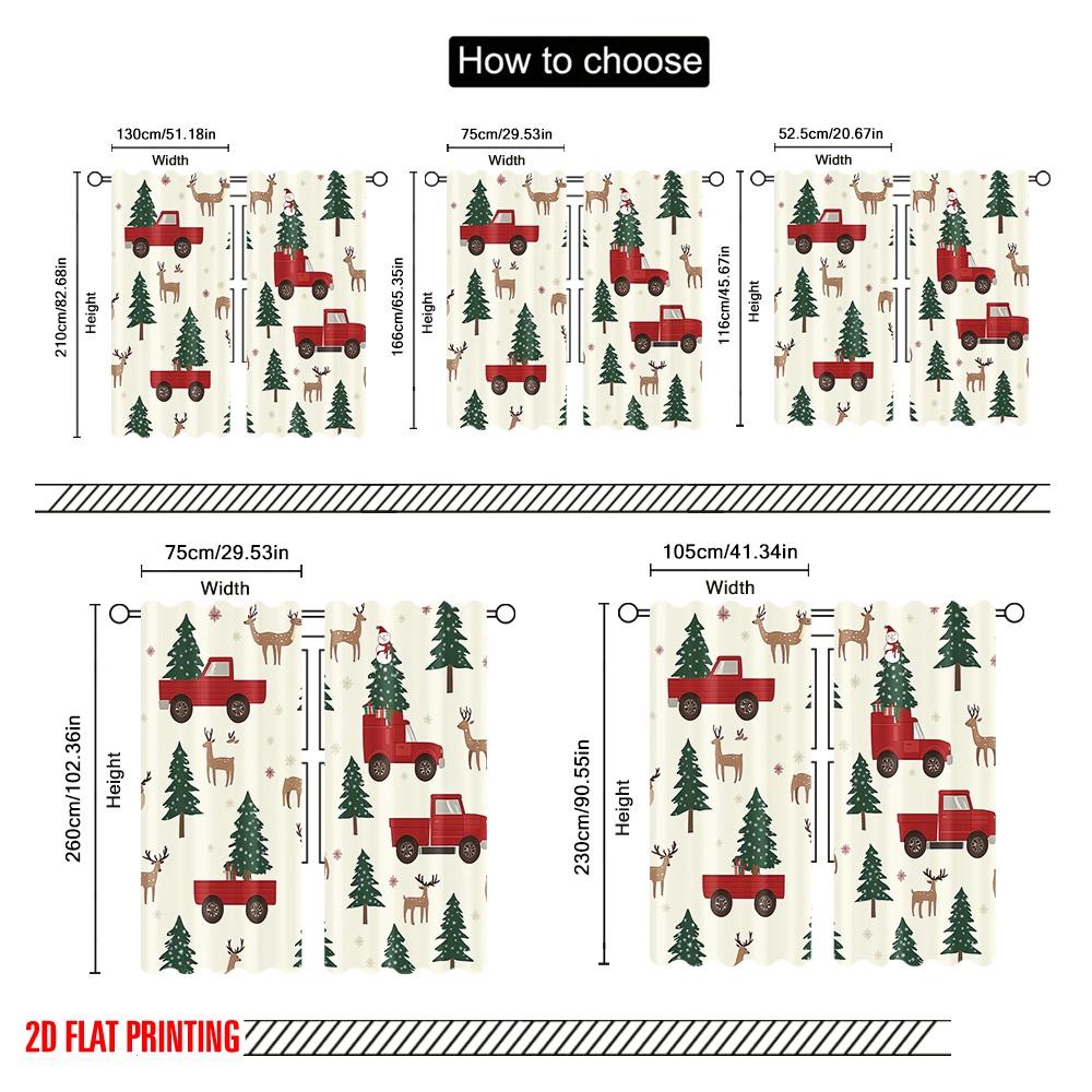 2 szt., druk płaski 2D Minimalistyczne zasłony Ciężarówka świąteczna Bałwan Jeleń Drzewa Tkanina poliestrowa (bez pręta) Idealny wystrój domu