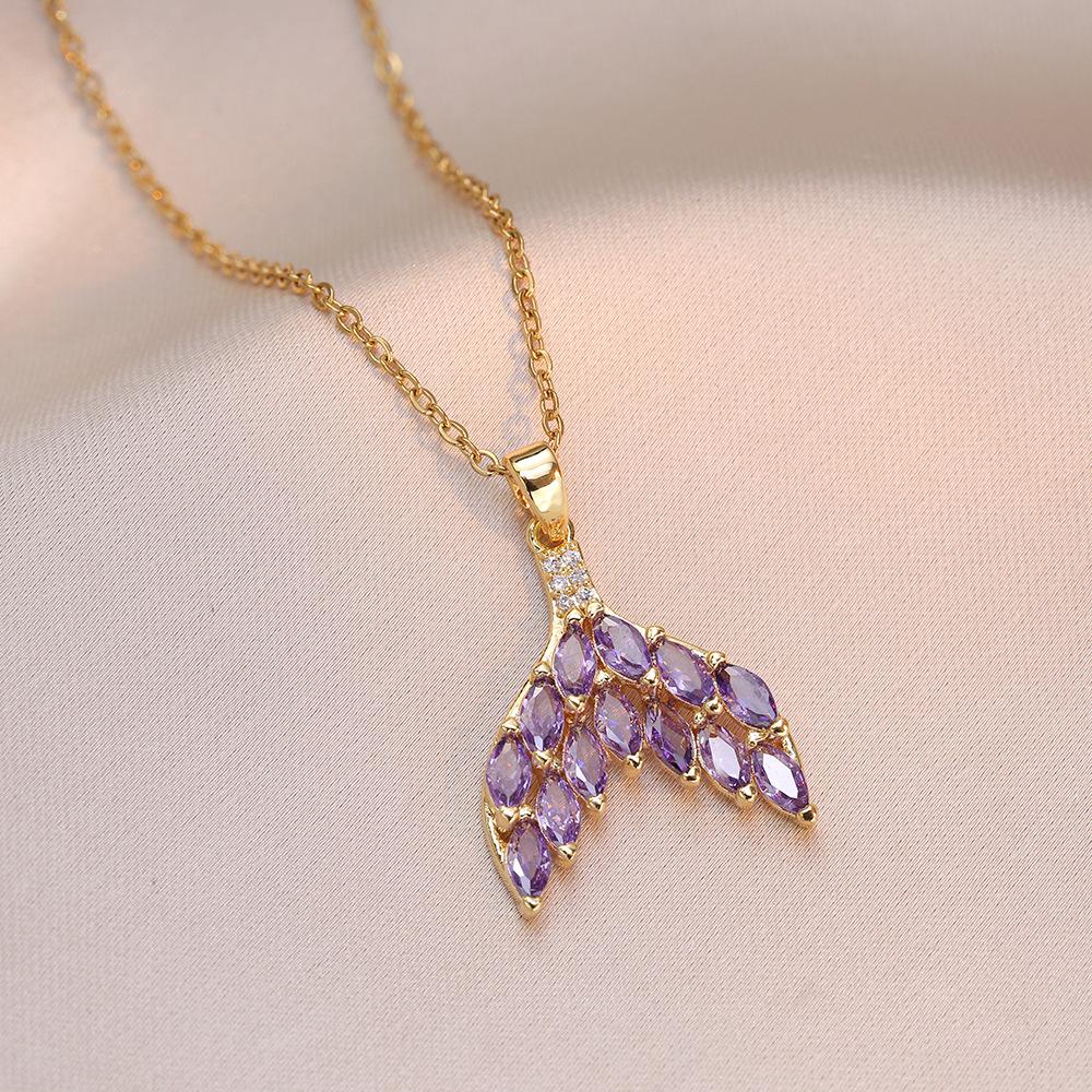 Boho Colorful Zircon Mermaid Fish Tail Pendant Necklace for Women Lady Gold Color Elegant Stainless Steel Chain Jewelry Gift