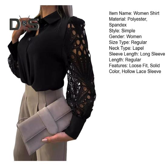 Kadın Gömlek Hollow Lace Ekleme Tasarım Uzun Kollu Yaka Gömlek Üstleri Tek Göğüslü Bol Kesim Düz Renk Gömlek