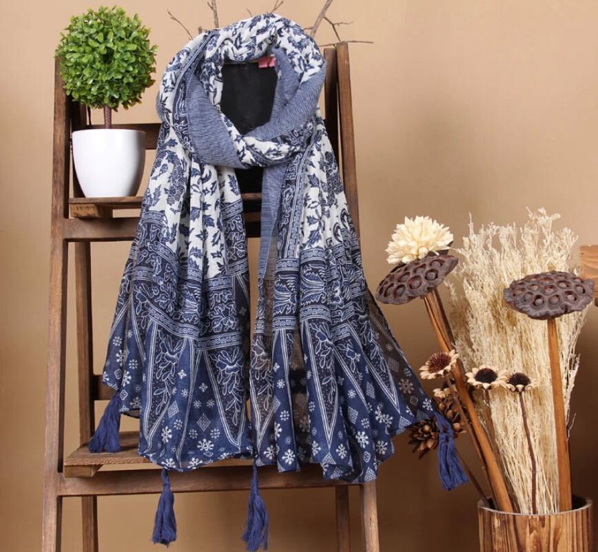 Ethnic Style Blue and White Porcelain Cotton and Linen Scarf, Women's Artistic Shawl, Travel Sunscreen Scarf, Office Shawl