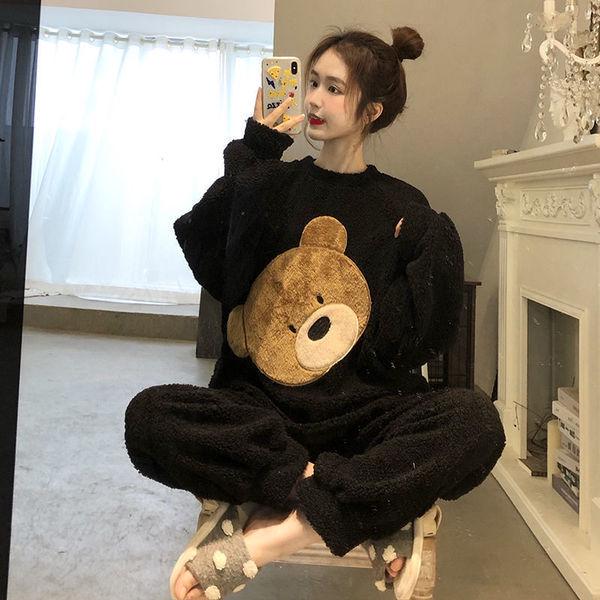 Korean Women's Winter Velvet Pajama Set - Cute Bear Coral Fleece Loungewear