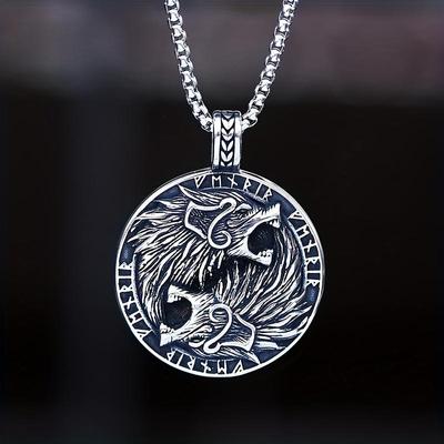 Collar con colgante de cabeza de lobo doble vikingo para hombre, collar con brújula, talismán nórdico, joyería de animales