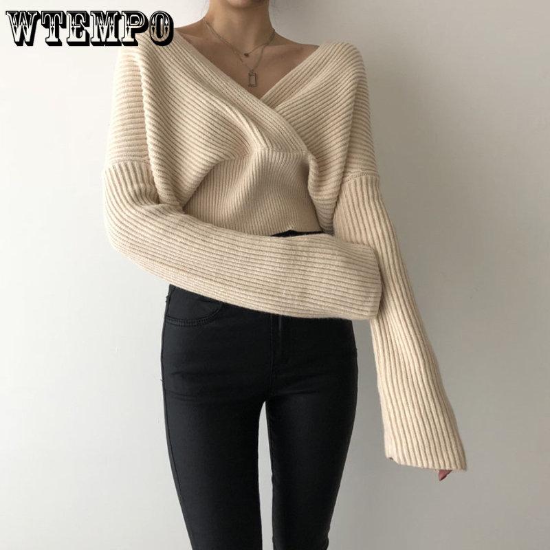Autumn Winter Women Solid Sweaters Knitted V-neck Cross Wild Fashionable Sexy Pullovers Female Lady Vintage Tops Knitwear