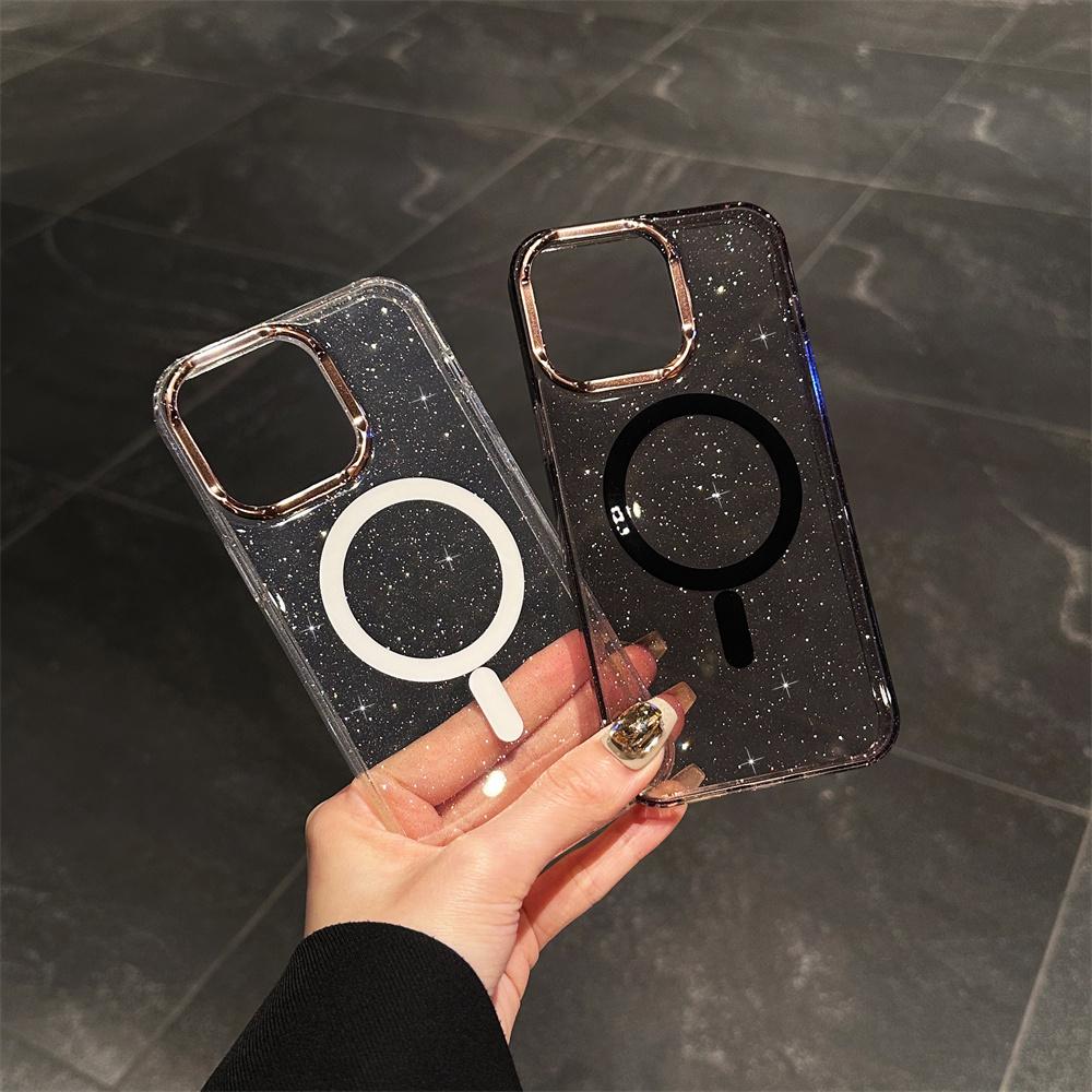 Luxury Clear Bling Glitter Armor For Magsafe Wireless Charge Phone Case for iPhone 15 14 13 Pro Max Magnetic Plating Hard Cover