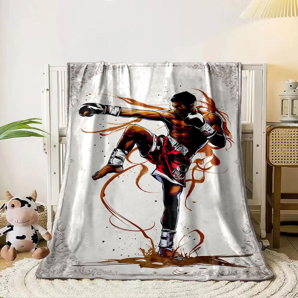 Dynamic kickboxing pose with flowing brushstroke accents and ornate borders. for all seasons blanket lunch break throw gift 80cm x 120cm