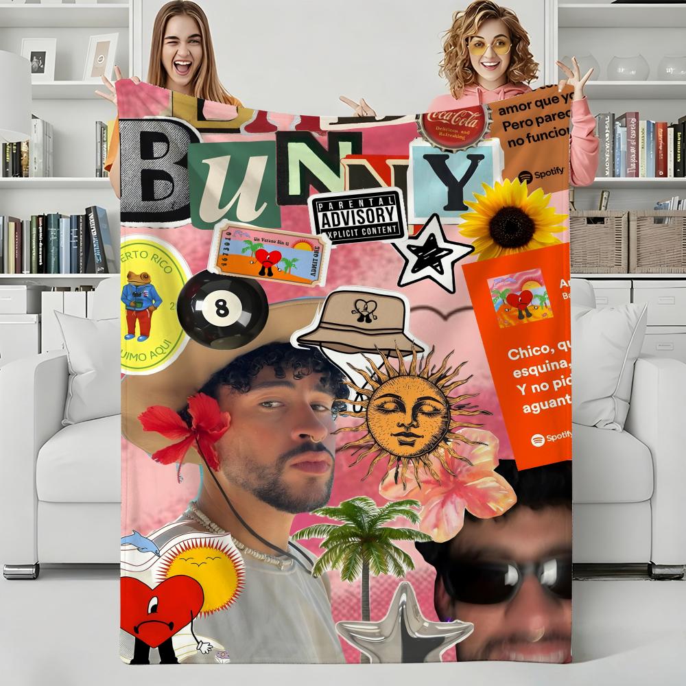 Music B-Bad Bunny Throw Flannel Blanket Perfect for Sofa Office Bed Travel Sleep Read Relax Camping four season use 75x90cm