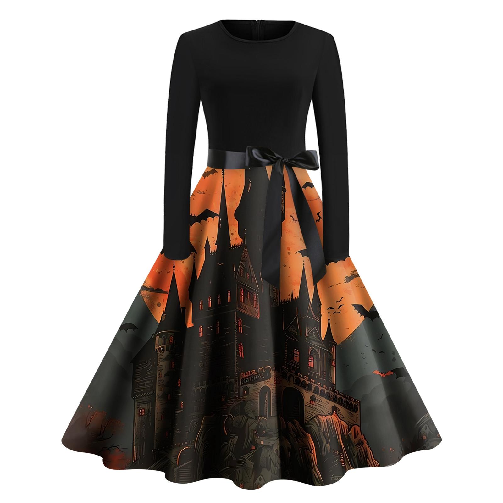 

Хэллоуин женское повседневное модное винтажное платье с круглым вырезом и принтом M шафрановый