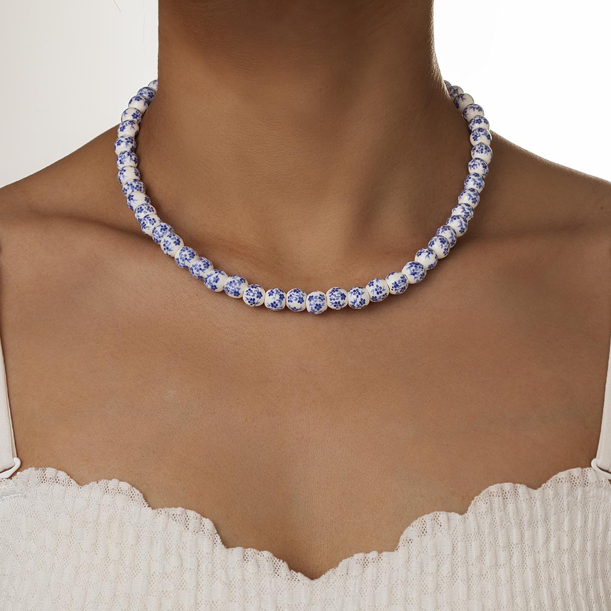 

1 Bohemian style ceramic printed bead necklace with neck sticking for women, Chinese style floral bead necklace