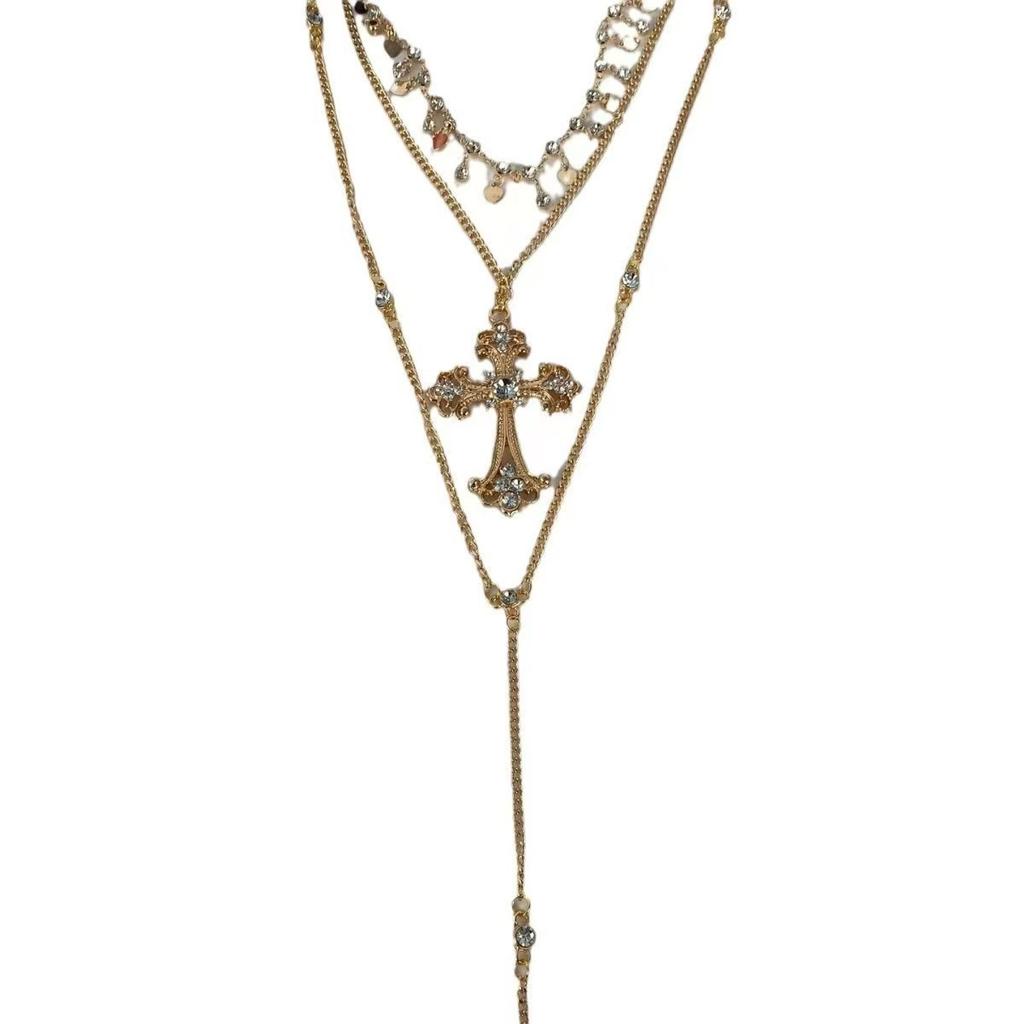 Light luxury niche retro baroque double-layer stacked cross necklace women's autumn and winter versatile high-end sweater chain