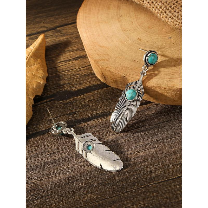 Antique Silver Ethnic Style Earrings With Turquoise Inlaid Leaf Wing Decoration Personalized Accessories Gift Party