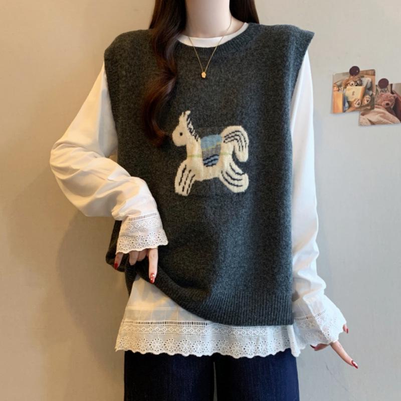 Stall Real Shot Plus Size 25 Autumn/Winter Loose Round Neck Small Horse Jacquard Knit Vest Two-Piece Set