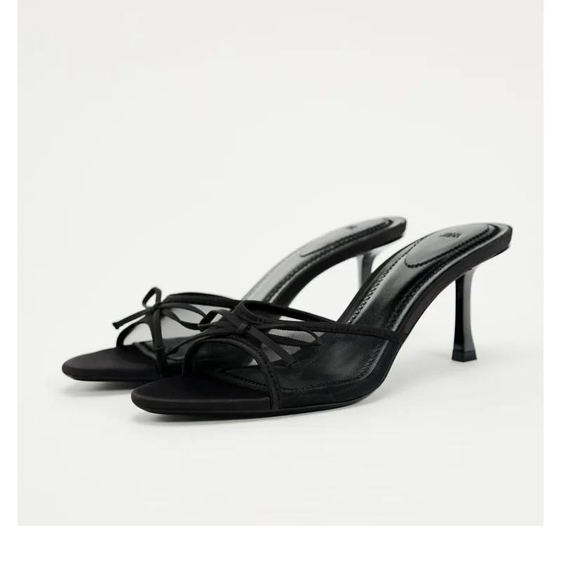 Fashion New Product One Line with Back Air TRF Slippers Mesh Fabric Bow Decoration High Heel Sandals Women Shoes Women Sandals