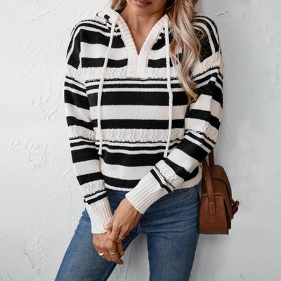 Gestreifter Damen-Pullover mit Kapuze und Kordelzug für Herbst und Winter