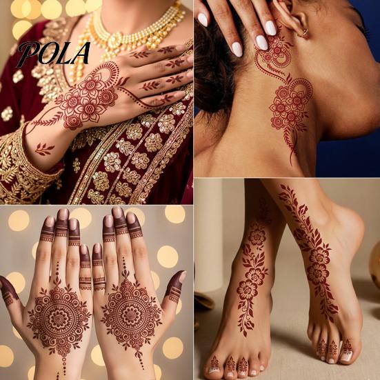 Henna Tattoo Stickers, Red Brown Waterproof Lace Temporary Tattoos, Indian Mehndi Body Art for Hands Feet, Festival Makeup