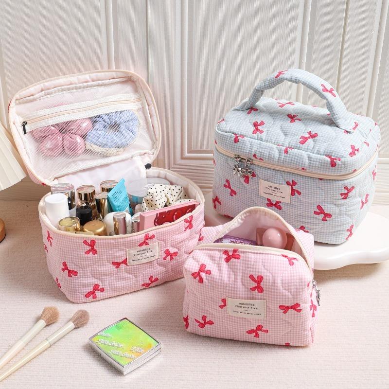 Bow Print Pink Blue Cute Makeup Bag for Women Large Capacity Toiletry Pouch Cute High Quality Cosmetic Organizer Storage Case