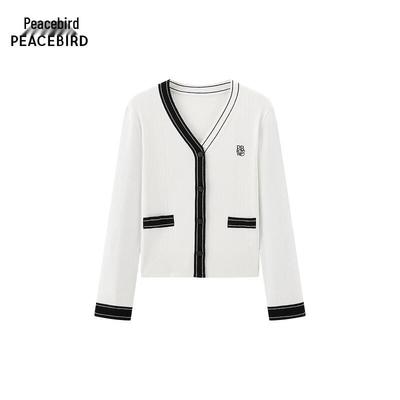 PEACEBIRD Damen Strickjacke mit V-Ausschnitt und Kontrastbesatz