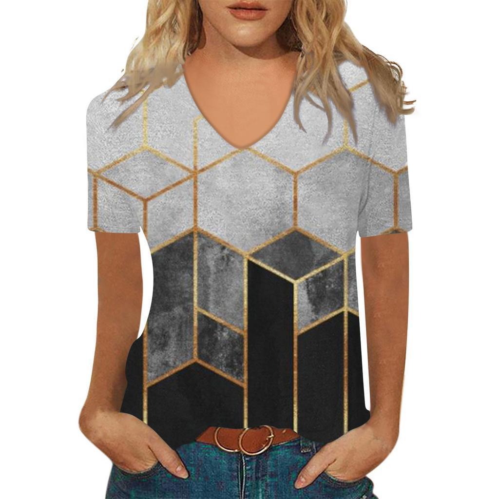 Sommer V-Ausschnitt 3D Abstraktes Retro-Muster Bedrucktes Oberteil Modische Lässige Kurzarm Damen T-Shirts
