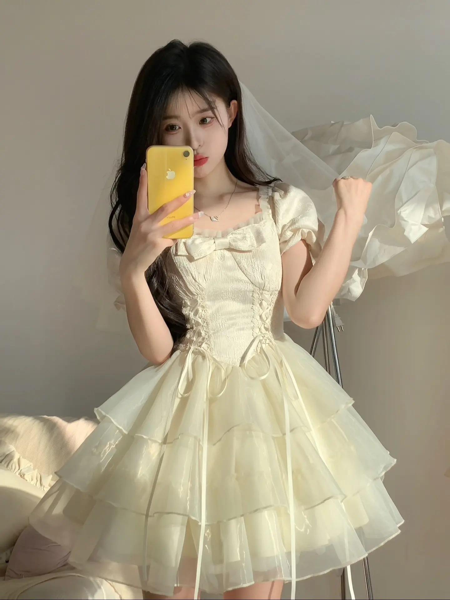 Spot bow jacquard organza fairy dress women s summer new fugitive princess fluffy short skirt S