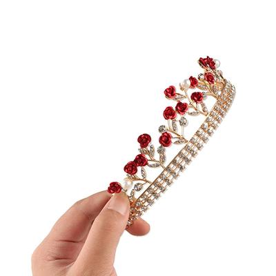 Damen Elegante Goldfarbe Haarschmuck Stirnband Rote Rose Haarkrone Braut Diadem Kopfschmuck Diadem