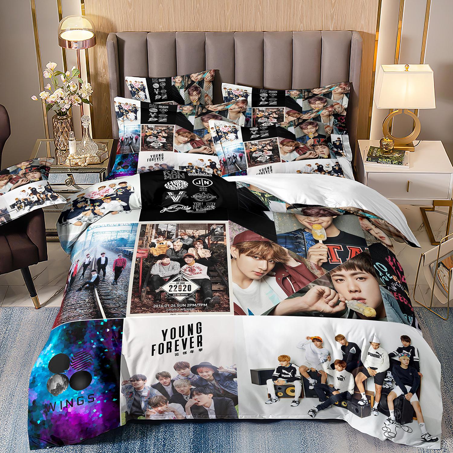 Kpop BTS Stor Boygroup Bettwäsche Musikband Ganzjahres-Einzelbett-Bettwäscheset 3-teilige Bettdecke Bettbezug Doppel-King-Bettwäscheset 135x200cm