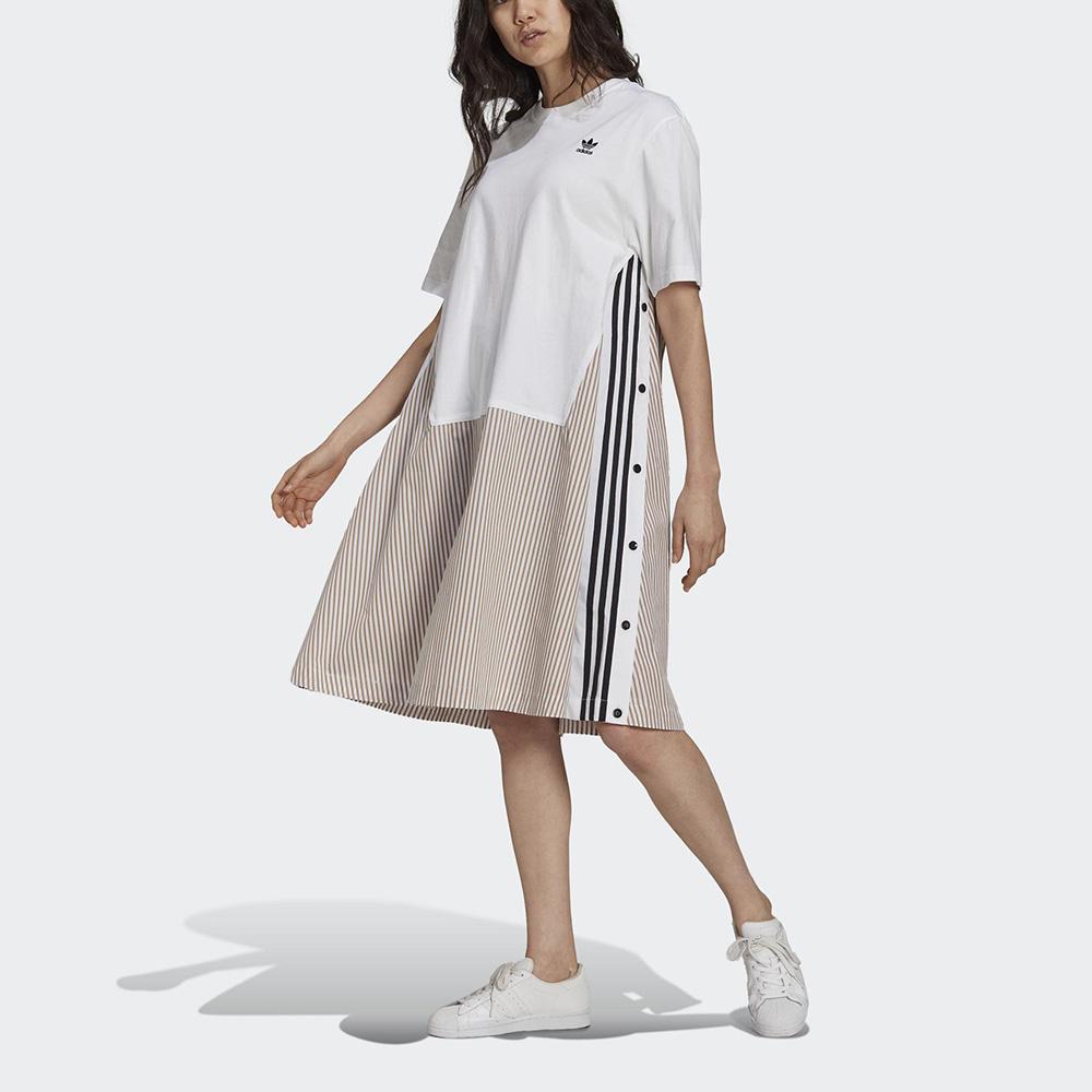 Adidas Originals Three Stripes Color Block Round Neck Straight Casual Short Sleeve Dress Women dresses White H59022